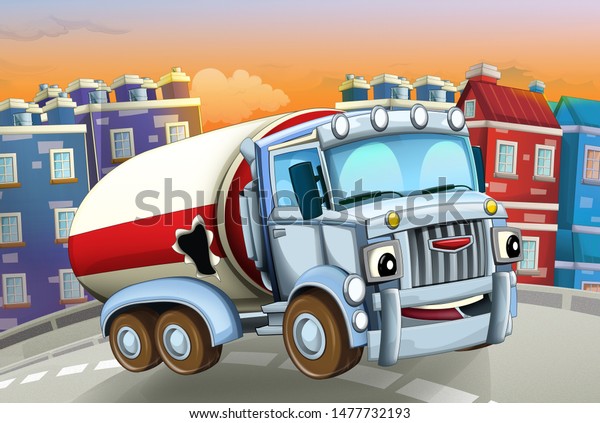 cartoon scene with\
police car and sports car car at city police station and policeman\
- illustration for\
children