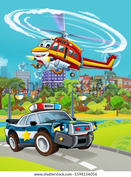 cartoon scene with\
police car vehicle on the road and fireman helicopter flying -\
illustration for\
children