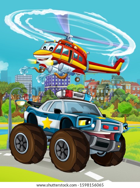 cartoon scene with
police car vehicle on the road and fireman helicopter flying -
illustration for
children