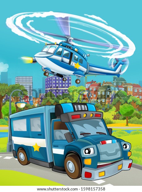 cartoon scene with police car
vehicle on the road and helicopter flying - illustration for
children