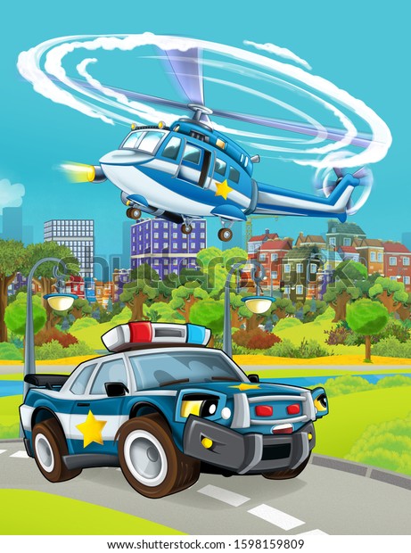 cartoon scene with police car
vehicle on the road and helicopter flying - illustration for
children