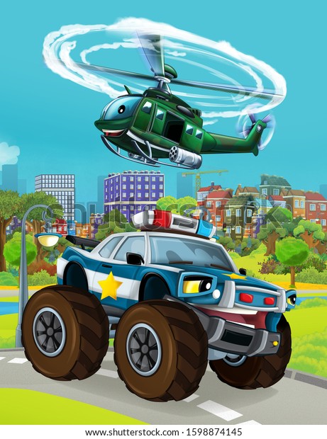 cartoon scene with\
police car vehicle on the road and military helicopter flying -\
illustration for\
children