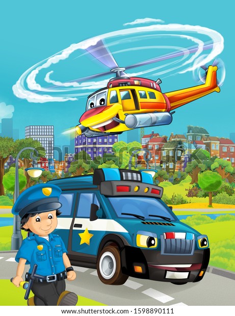 cartoon scene with police car\
vehicle on the road with flying helicopter - illustration for\
children
