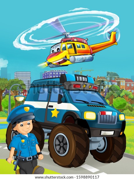 cartoon scene with police car vehicle on the\
road - illustration for\
children