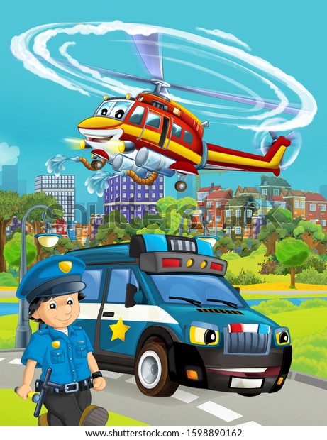 cartoon scene with\
police car vehicle on the road and fireman helicopter flying -\
illustration for\
children