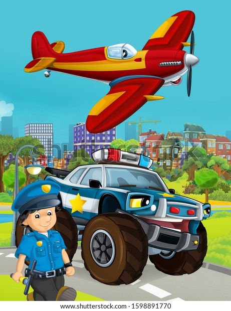 cartoon scene with police car\
vehicle on the road and fireman plane flying - illustration for\
children
