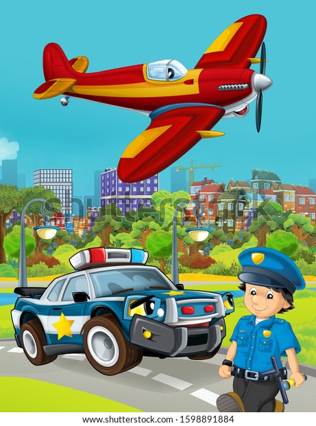 cartoon scene with police car
vehicle on the road and fireman plane flying - illustration for
children