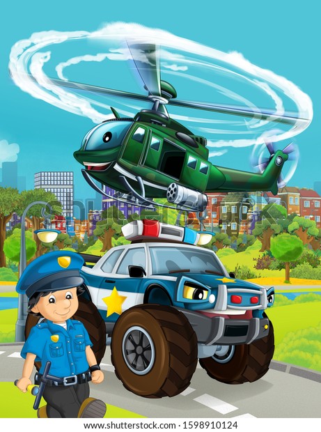 cartoon scene with
police car vehicle on the road and military helicopter flying -
illustration for
children
