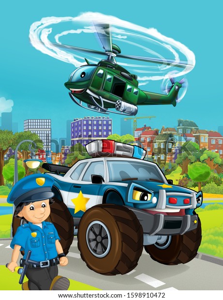 cartoon scene with\
police car vehicle on the road and military helicopter flying -\
illustration for\
children