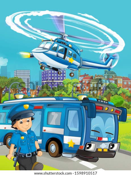 cartoon scene with police car\
vehicle on the road and helicopter flying - illustration for\
children