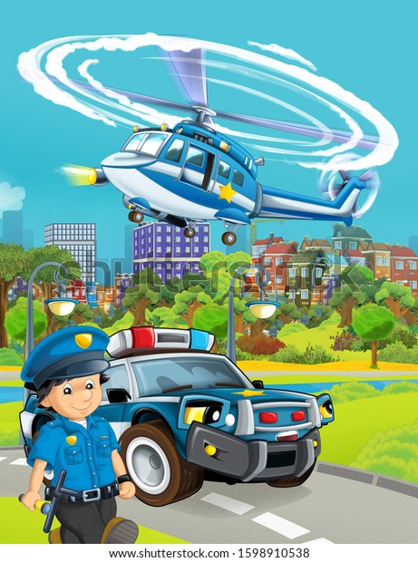 cartoon scene with police car\
vehicle on the road and helicopter flying - illustration for\
children