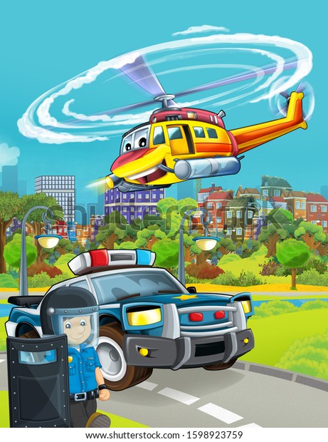 cartoon scene with police car
vehicle on the road with flying helicopter - illustration for
children