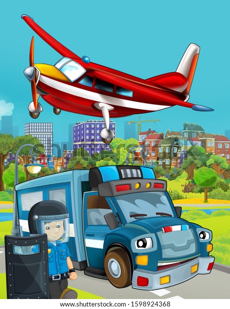 cartoon scene with police car\
vehicle on the road and fireman plane flying - illustration for\
children
