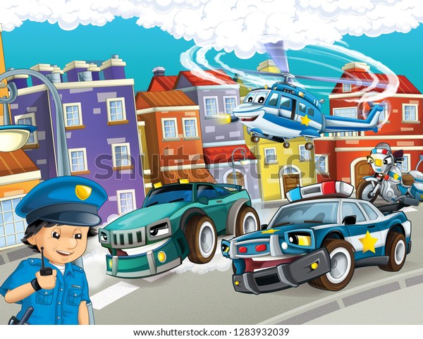 cartoon scene with police chase motorcycle and\
car driving through the city helicopter flying and policeman -\
illustration for\
children