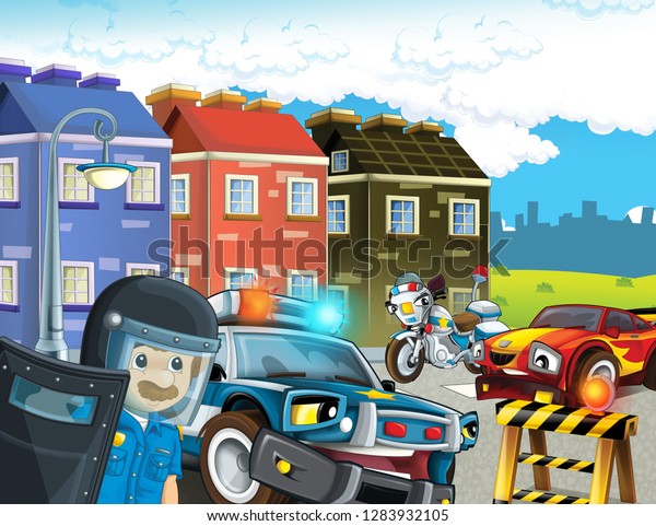 cartoon scene with\
police chase motorcycle and car driving through the city policeman\
- illustration for\
children