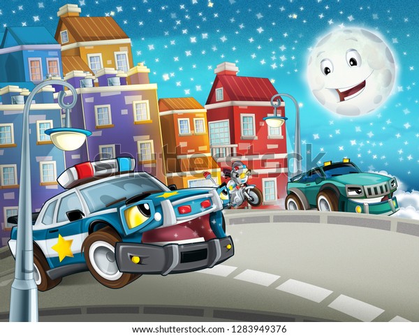 cartoon scene with police\
chase motorcycle and car driving through the city - illustration\
for children