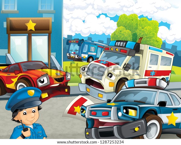 cartoon scene with police chase motorcycle car\
and bus driving through the city policeman near police station and\
ambulance - illustration for\
children
