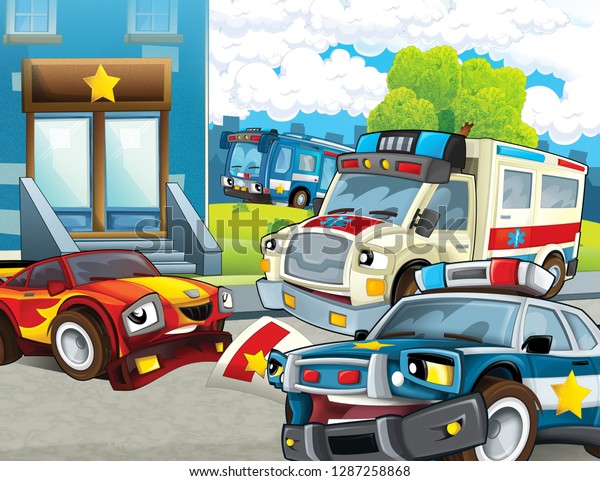 cartoon scene with police chase motorcycle car
and bus driving through the city policeman near police station and
ambulance - illustration for
children