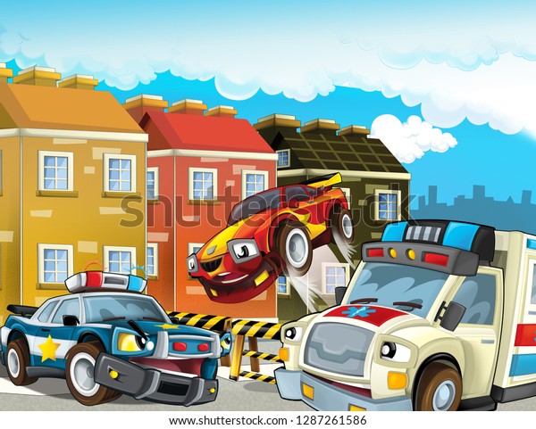 cartoon scene with police chase motorcycle and\
car driving through the city helicopter flying and ambulance -\
illustration for\
children