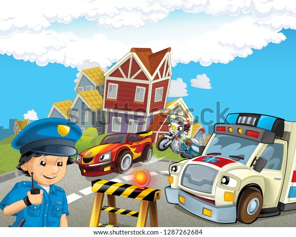 cartoon scene with police chase motorcycle\
driving through the city helicopter flying policeman and ambulance\
- illustration for\
children