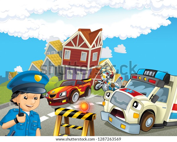 cartoon scene with police chase motorcycle
driving through the city helicopter flying policeman and ambulance
- illustration for
children