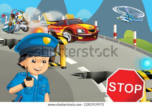 cartoon scene with police\
motorcycle driving through the city policeman - illustration for\
children