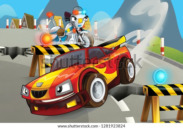 cartoon scene with police\
motorcycle driving through the city policeman - illustration for\
children