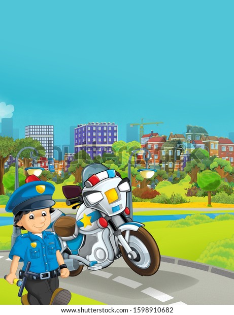 cartoon scene with police motorcycle vehicle on\
the road - illustration for\
children