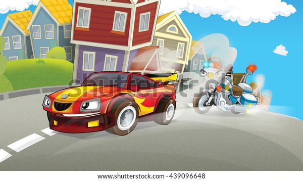 Cartoon scene of police pursuit\
- police motorbike chasing racing car - illustration for\
children