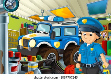 Cartoon Scene Policeman Some Garage Working Stock Illustration ...