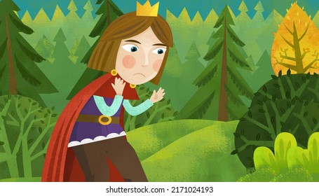 cartoon scene with prince in the journey on the horse riding through the forest illustration for children