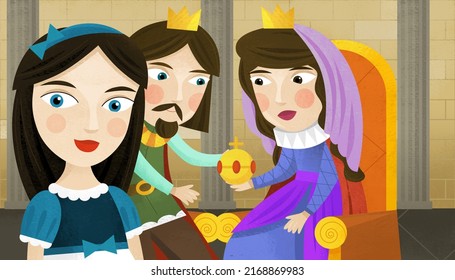 cartoon scene with prince and princess in the castle illustration for children