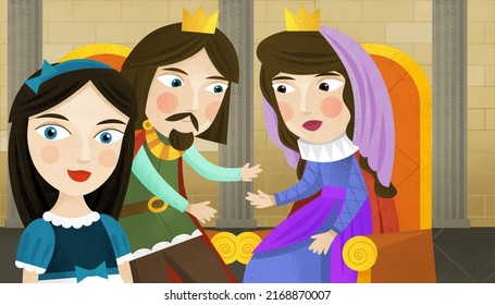 cartoon scene with prince and princess in the castle illustration for children
