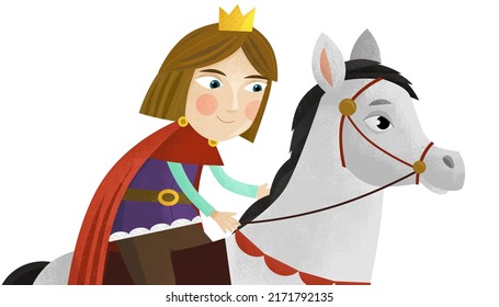 cartoon scene with princess riding on horse on white background illustration for children