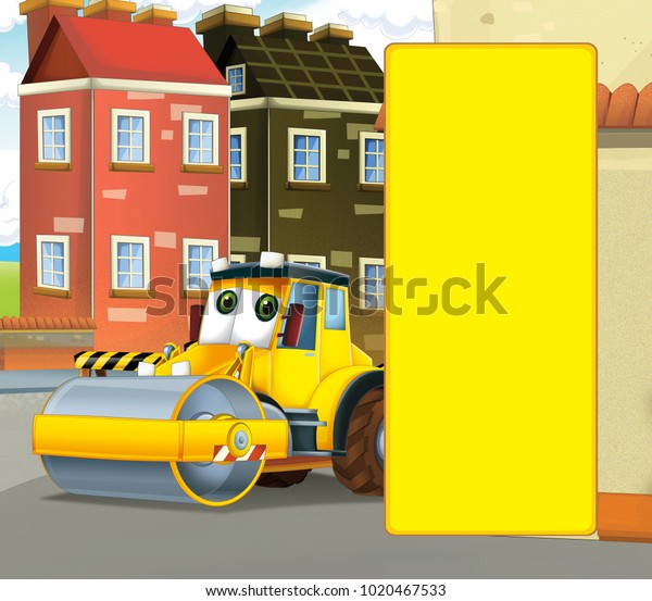 cartoon scene with road roller in the city -\
illustration for\
children