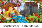 Cartoon scene of rose garden with sleeping princess near castle in the background illustration for children