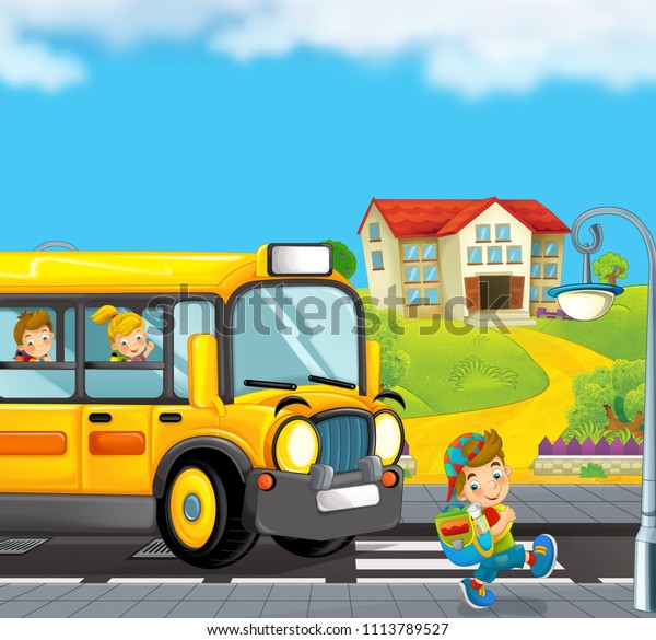 cartoon scene with school bus taking kids to
school - illustration for
children