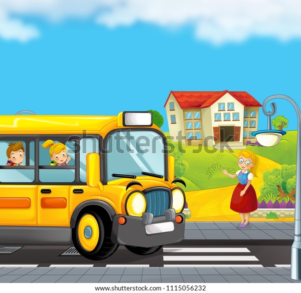 cartoon
scene with school bus taking kids to school and teacher waiting
near the building - illustration for
chidlren