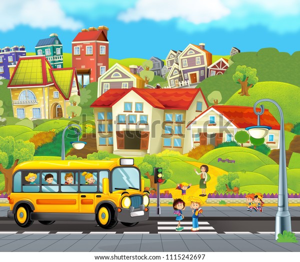 cartoon
scene with school bus taking kids to school and teacher waiting
near the building - illustration for
children