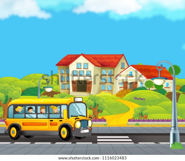 cartoon\
scene with school bus taking kids to school and teacher waiting\
near the building - illustration for\
children