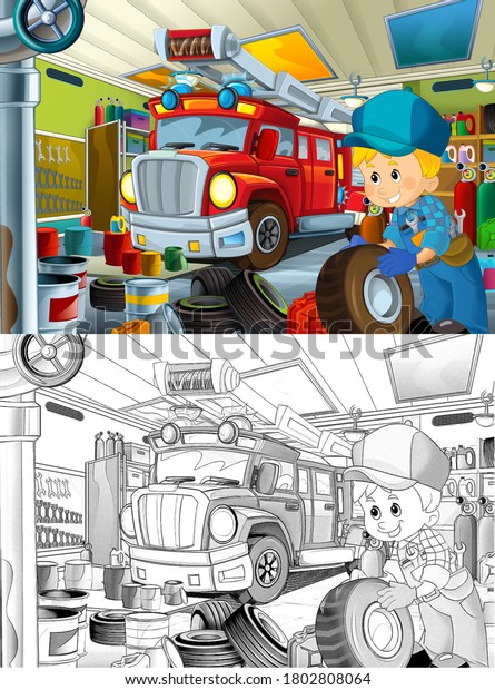 cartoon scene with sketch repairman in some\
garage - working repairing car or clearing work place -\
illustration for\
children