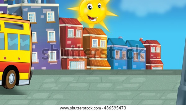 Cartoon scene of small city - bus on the\
side of the scene - illustration for\
children