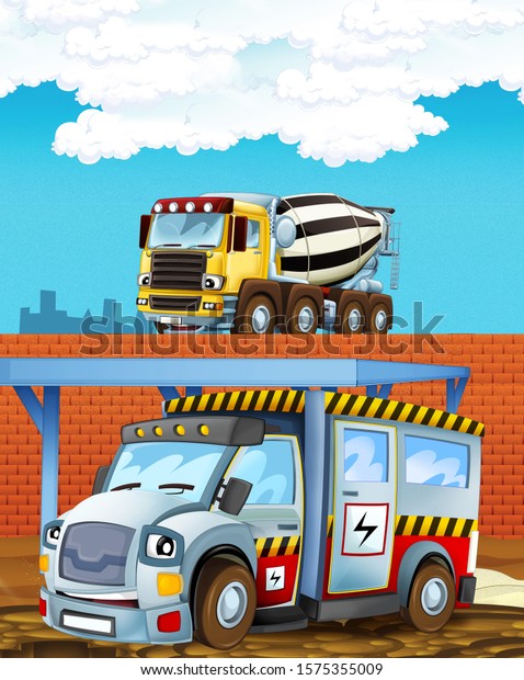 cartoon scene with some\
industry car and concrete mixer on construction site - illustration\
for children