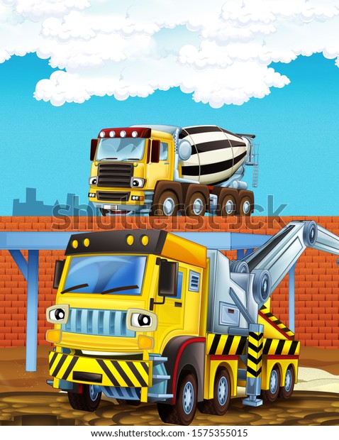 cartoon scene with some\
industry car and concrete mixer on construction site - illustration\
for children