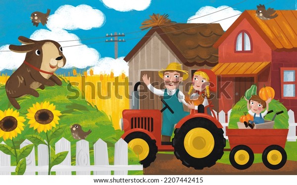 cartoon scene with tractor and farm family on\
the ranch illustration for\
children
