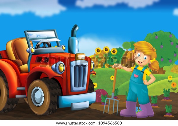 cartoon scene with\
tractor and farmer on a farm - vehicle for different tasks -\
illustration for children\
