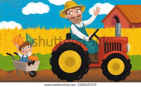cartoon scene with tractor and farmer on the\
farm illustration for\
children