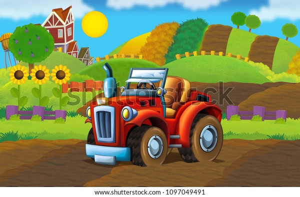 cartoon scene with tractor on the farm field -\
illustration for\
children