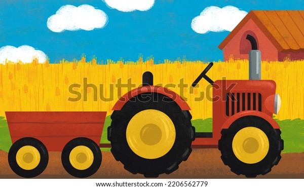 cartoon scene with tractor on the farm\
illustration for\
children