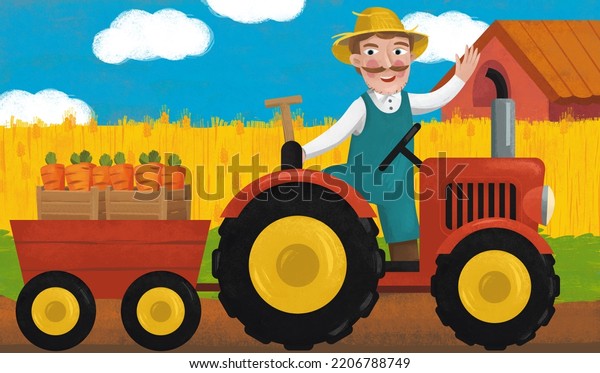 cartoon scene with tractor on the farm\
illustration for\
children